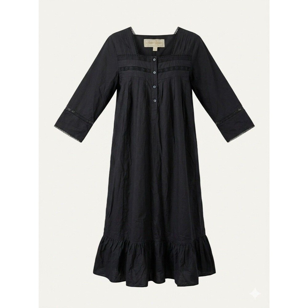 Victorian Nightgown Maxi Dress XL Black Cotton Eyelet Lace Boho Cottage SoieRose